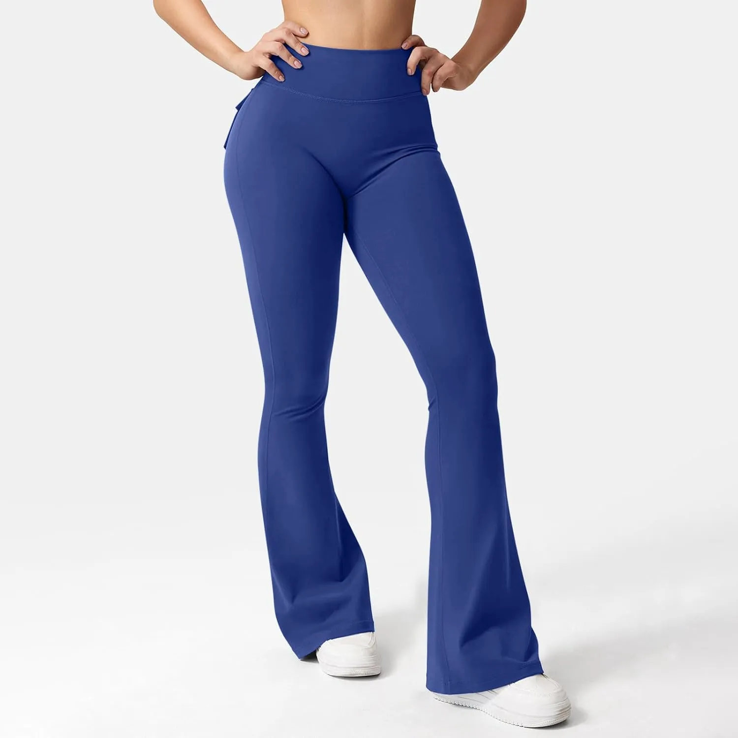 Womens Casual Yoga Pants Solid Elastic High Waist Lifting Leggings Outdoor Fitness Sports Tights with Flap Pockets