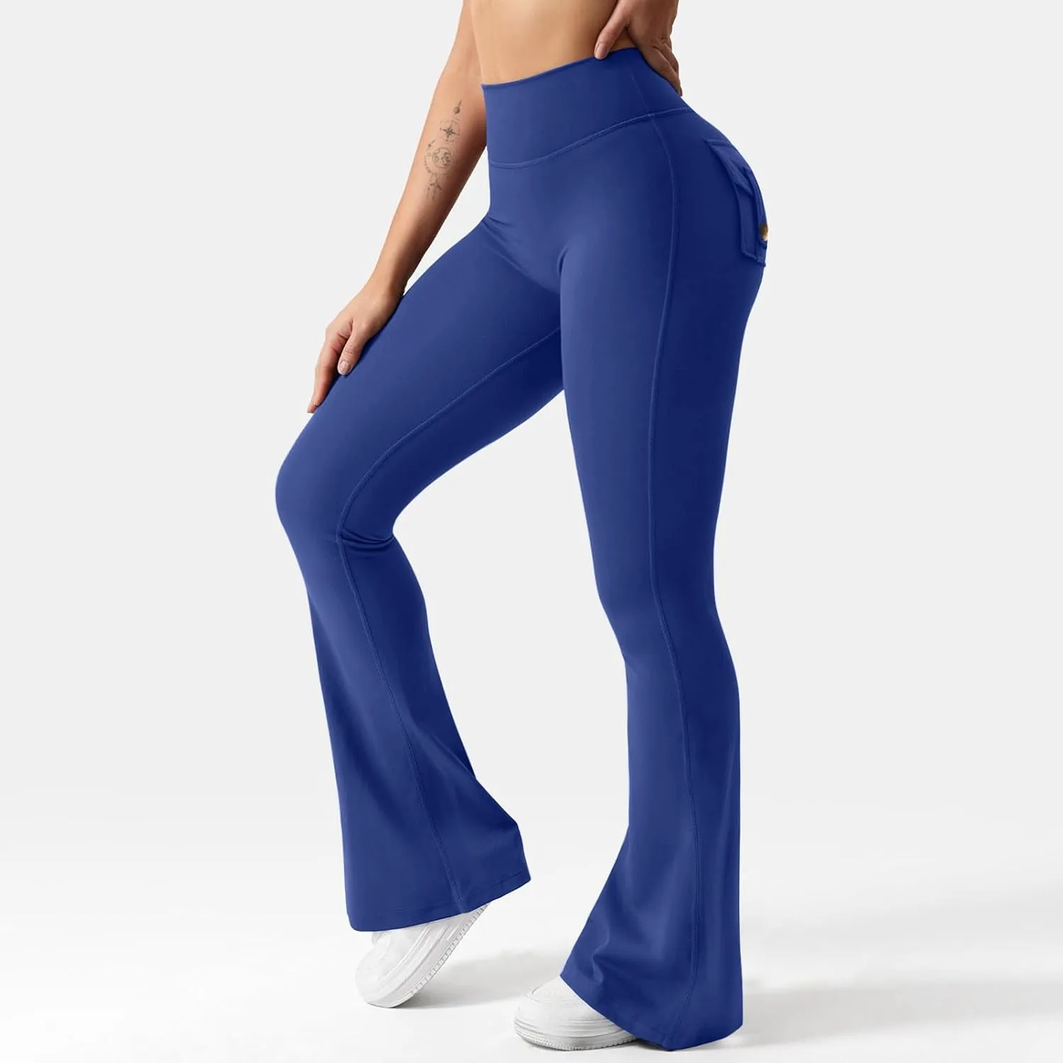 Womens Casual Yoga Pants Solid Elastic High Waist Lifting Leggings Outdoor Fitness Sports Tights with Flap Pockets