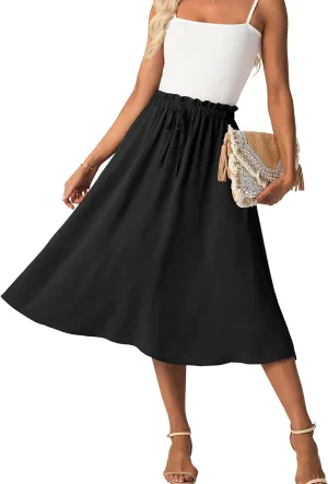 Womens Causal High Waisted Summer Midi Skirts Flowy Palazzo A-Line Long Skirt with Pockets