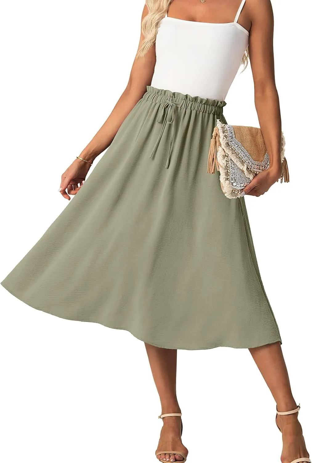 Womens Causal High Waisted Summer Midi Skirts Flowy Palazzo A-Line Long Skirt with Pockets