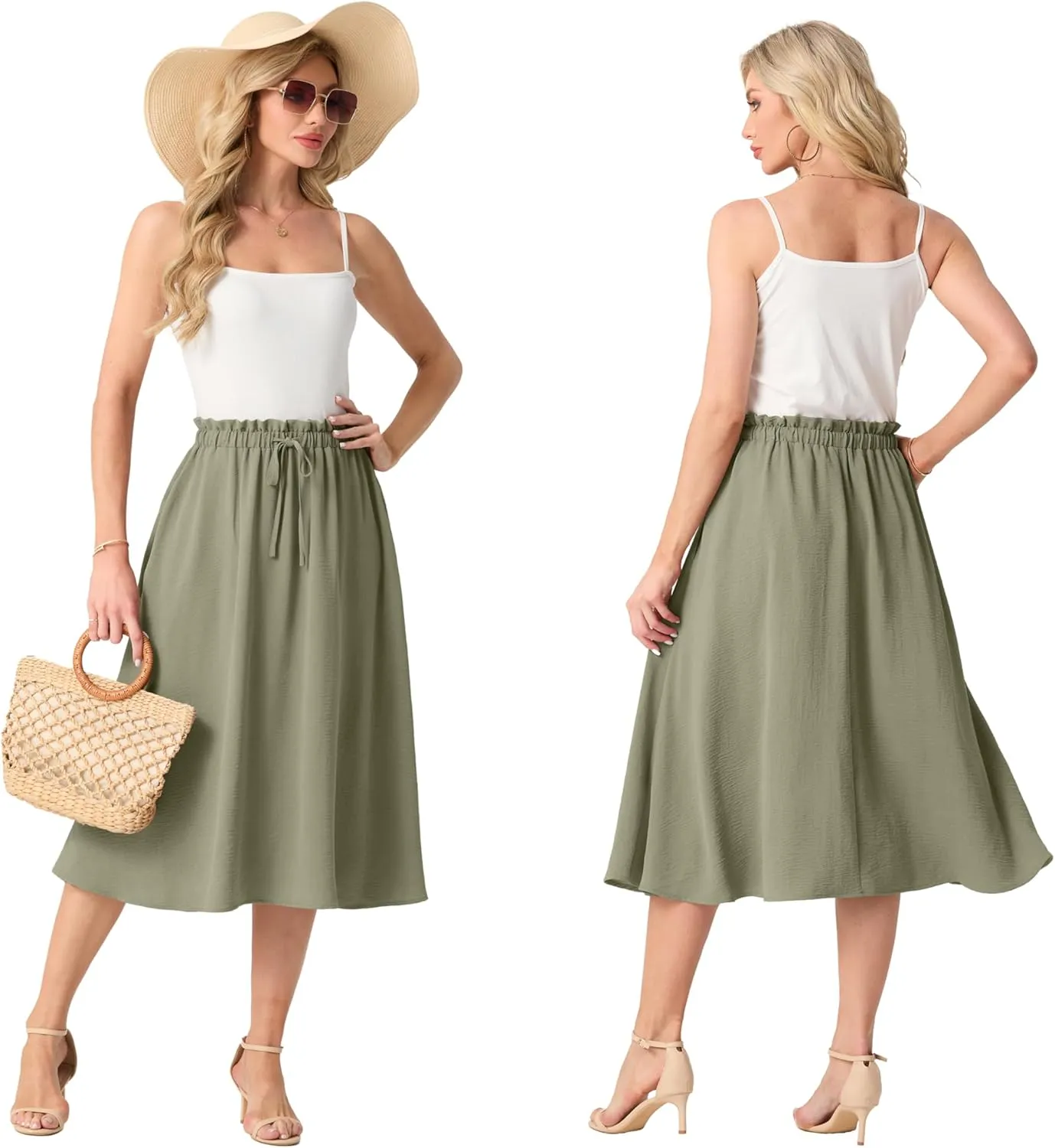 Womens Causal High Waisted Summer Midi Skirts Flowy Palazzo A-Line Long Skirt with Pockets