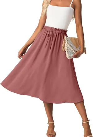 Womens Causal High Waisted Summer Midi Skirts Flowy Palazzo A-Line Long Skirt with Pockets
