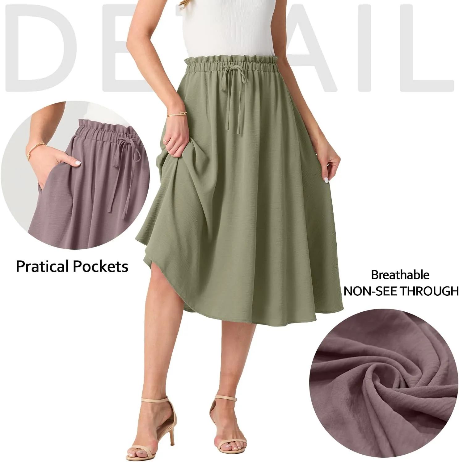 Womens Causal High Waisted Summer Midi Skirts Flowy Palazzo A-Line Long Skirt with Pockets