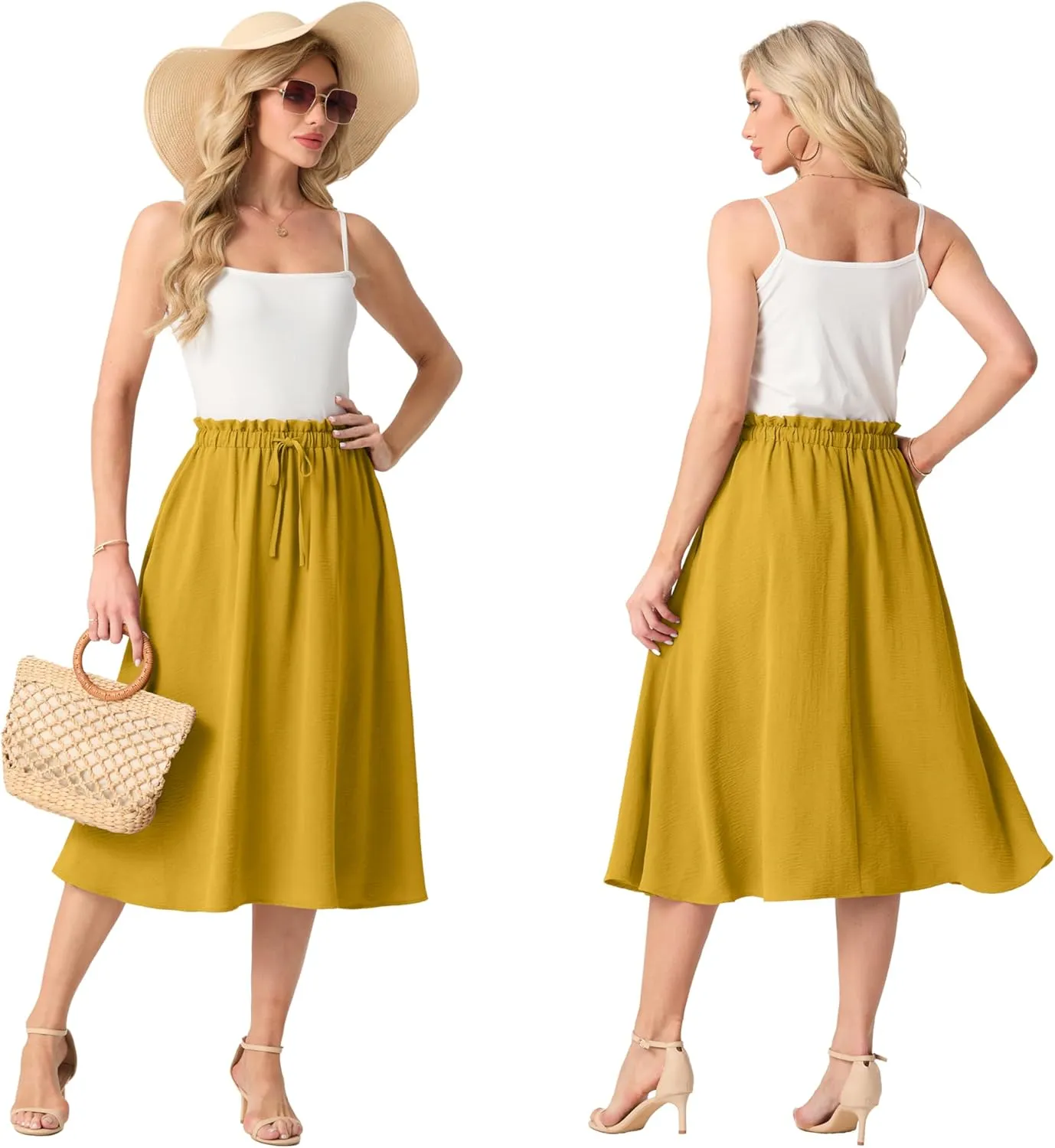 Womens Causal High Waisted Summer Midi Skirts Flowy Palazzo A-Line Long Skirt with Pockets