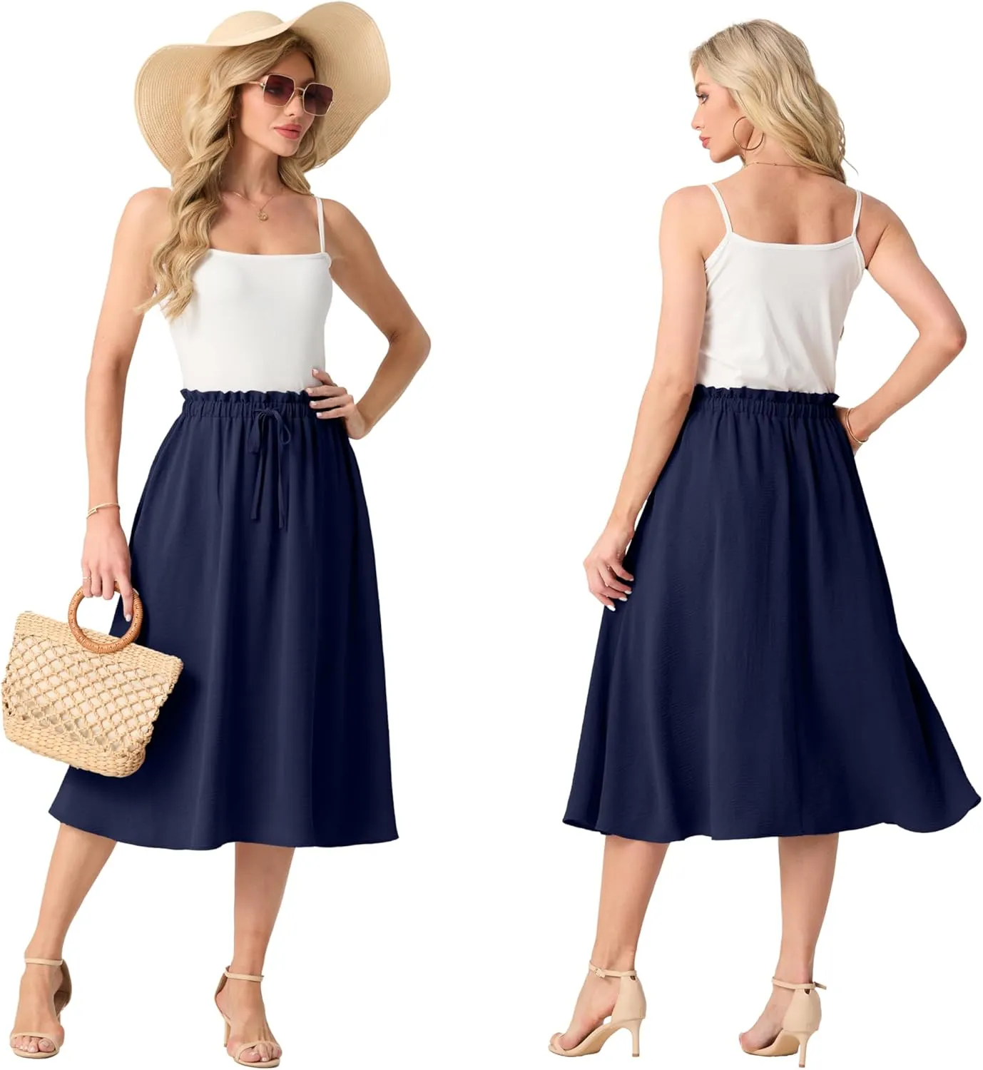 Womens Causal High Waisted Summer Midi Skirts Flowy Palazzo A-Line Long Skirt with Pockets