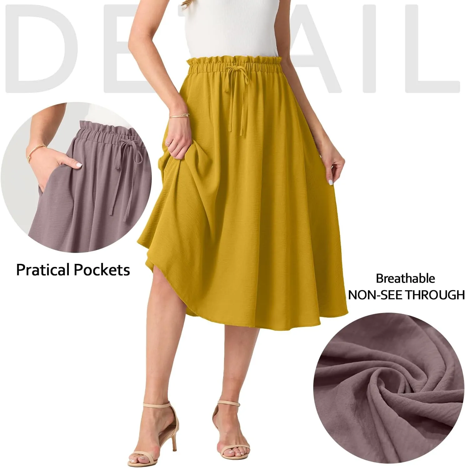 Womens Causal High Waisted Summer Midi Skirts Flowy Palazzo A-Line Long Skirt with Pockets