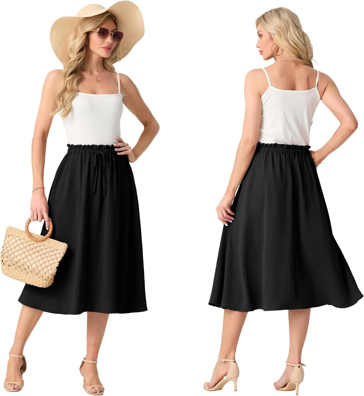 Womens Causal High Waisted Summer Midi Skirts Flowy Palazzo A-Line Long Skirt with Pockets