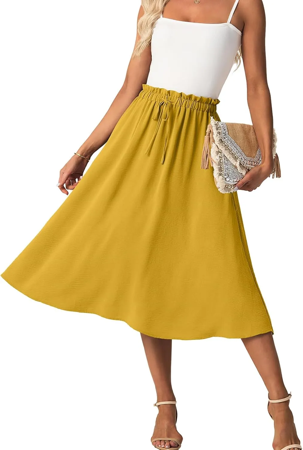Womens Causal High Waisted Summer Midi Skirts Flowy Palazzo A-Line Long Skirt with Pockets