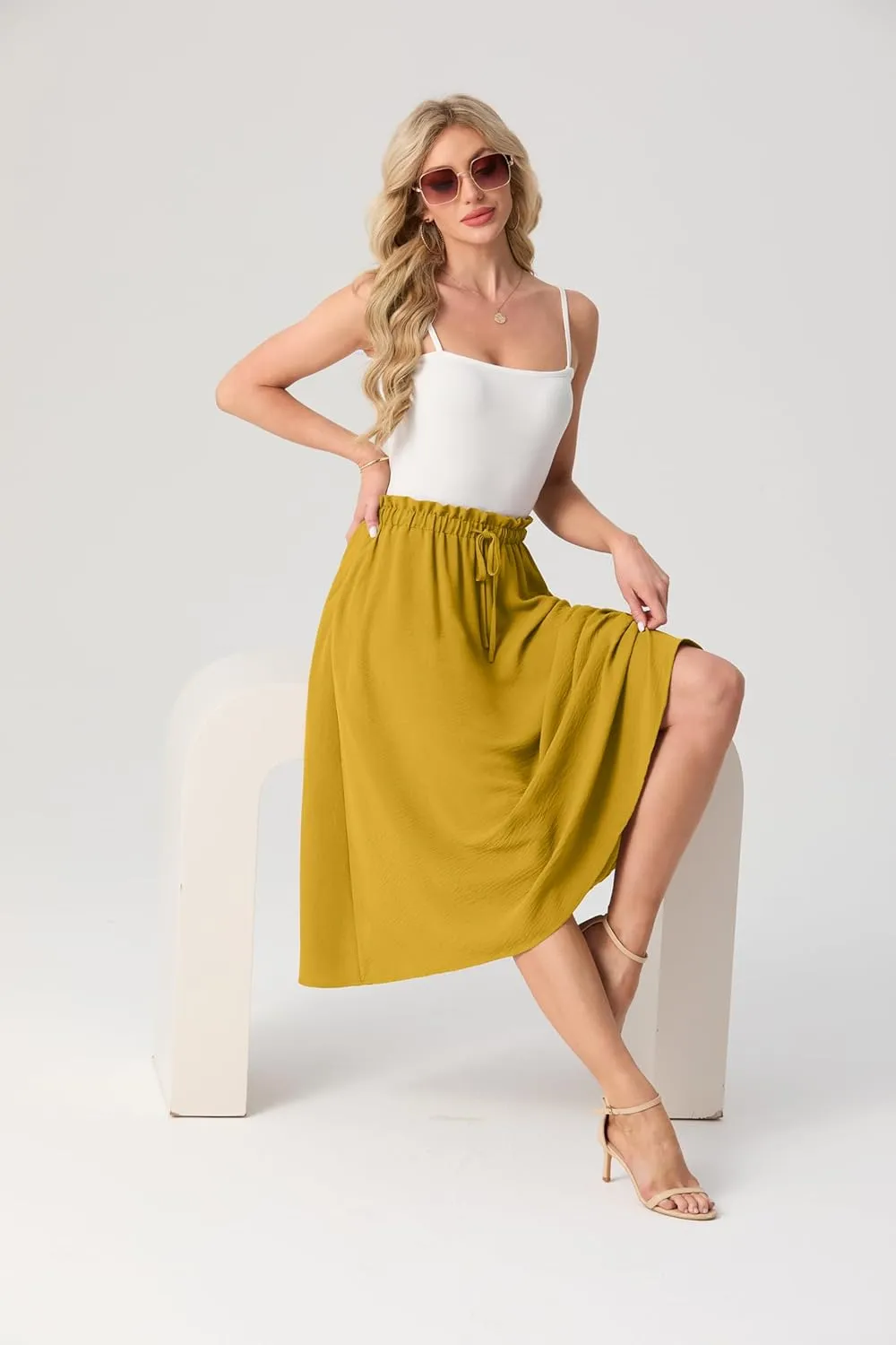 Womens Causal High Waisted Summer Midi Skirts Flowy Palazzo A-Line Long Skirt with Pockets