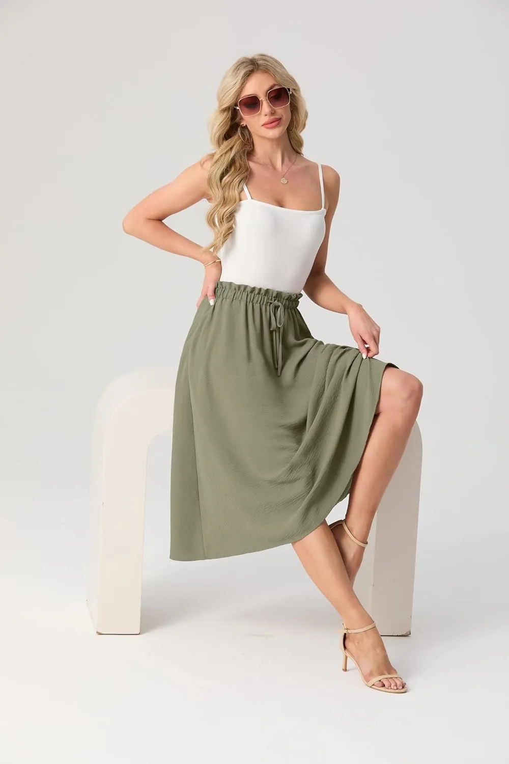 Womens Causal High Waisted Summer Midi Skirts Flowy Palazzo A-Line Long Skirt with Pockets