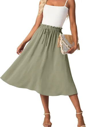 Womens Causal High Waisted Summer Midi Skirts Flowy Palazzo A-Line Long Skirt with Pockets
