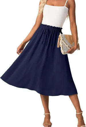 Womens Causal High Waisted Summer Midi Skirts Flowy Palazzo A-Line Long Skirt with Pockets