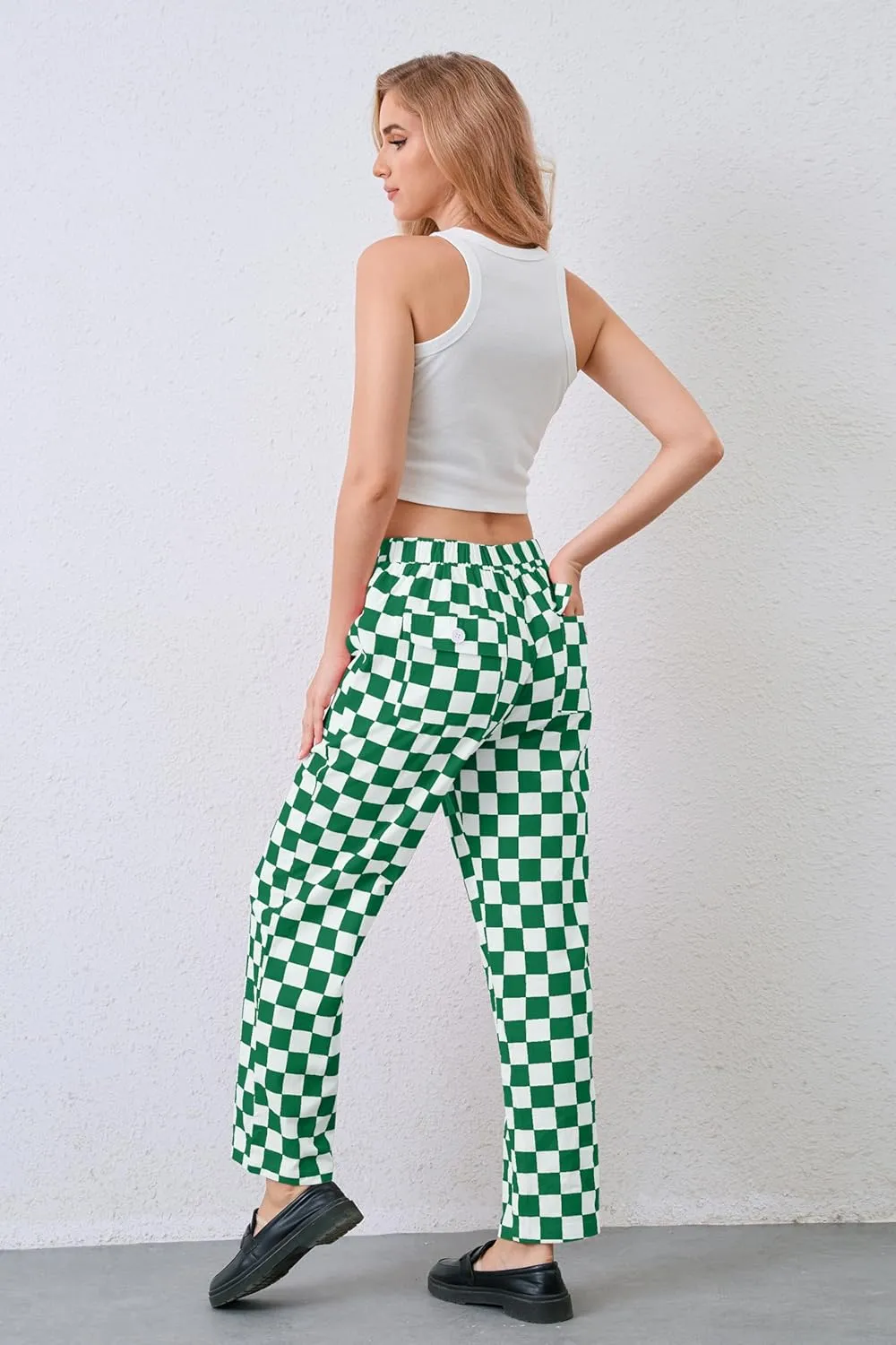 Womens Checkered Pants Zip Off Plaid Gingham Pants Casual Elastic High Waist Straight Leg Jeans with Pockets