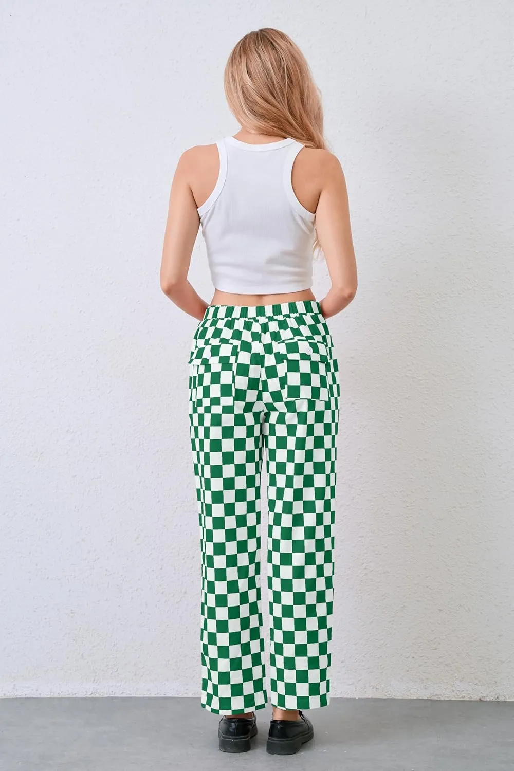 Womens Checkered Pants Zip Off Plaid Gingham Pants Casual Elastic High Waist Straight Leg Jeans with Pockets