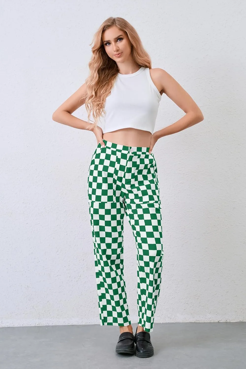 Womens Checkered Pants Zip Off Plaid Gingham Pants Casual Elastic High Waist Straight Leg Jeans with Pockets