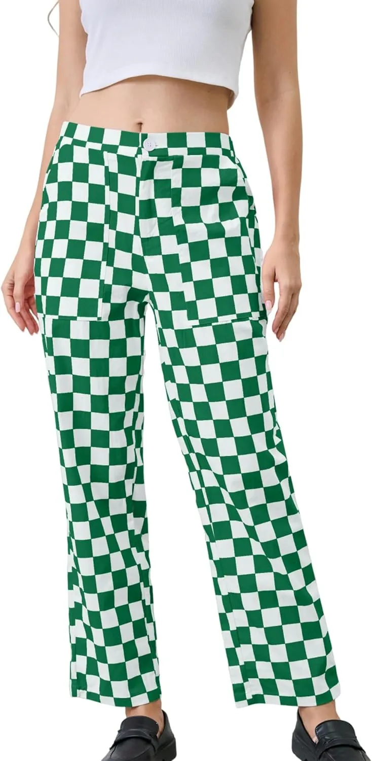 Womens Checkered Pants Zip Off Plaid Gingham Pants Casual Elastic High Waist Straight Leg Jeans with Pockets