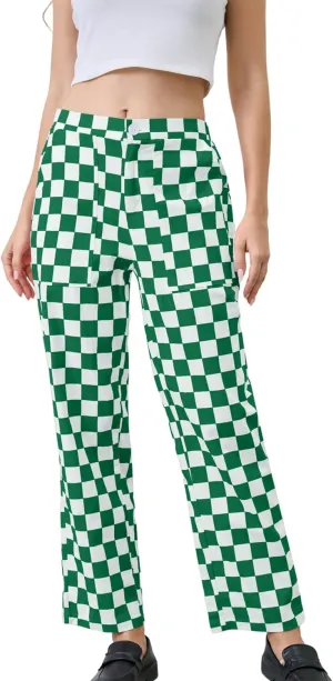 Womens Checkered Pants Zip Off Plaid Gingham Pants Casual Elastic High Waist Straight Leg Jeans with Pockets