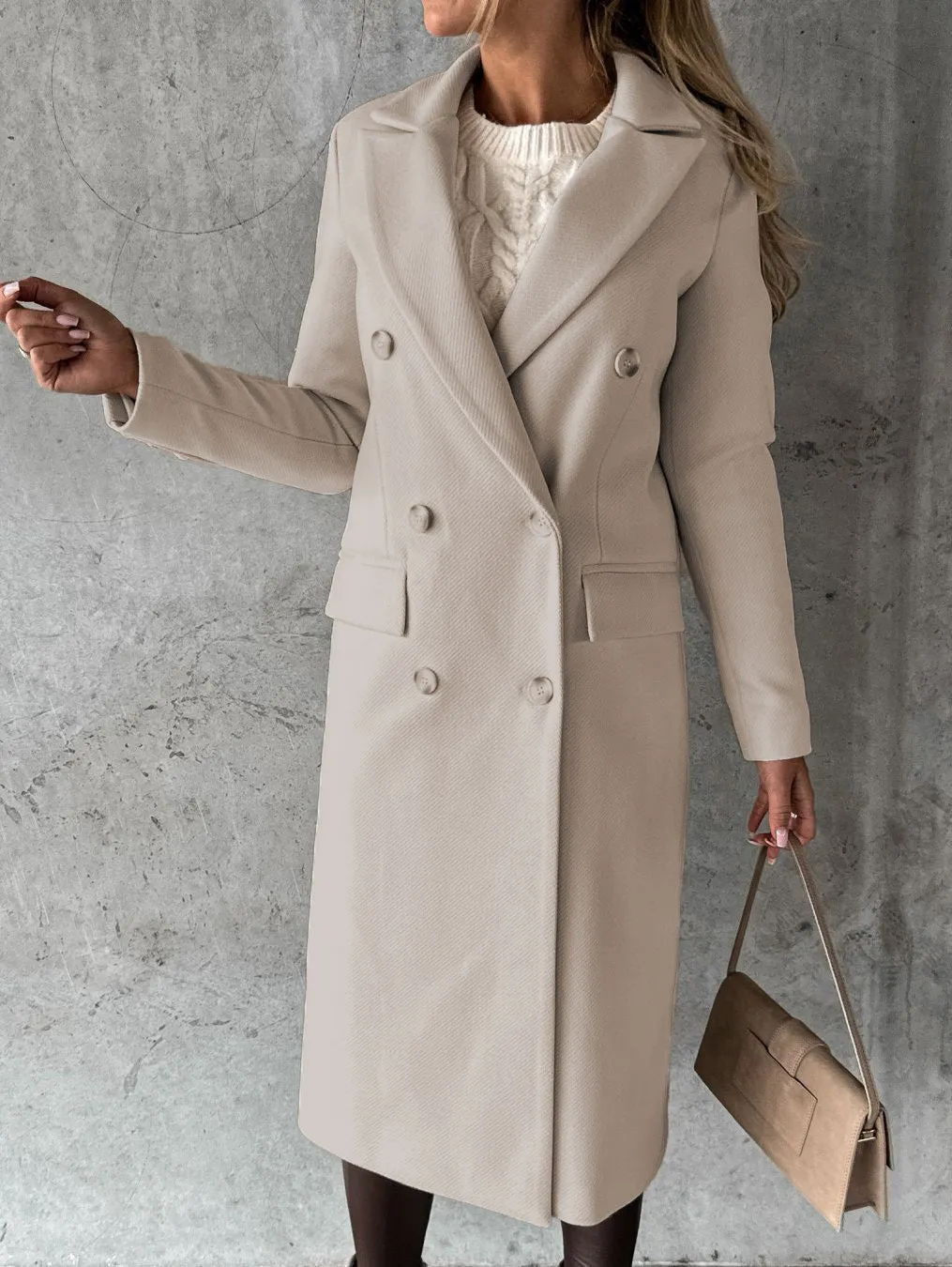 Women's Coats Solid Long Sleeve Double Breasted Pocket Woolen Coat