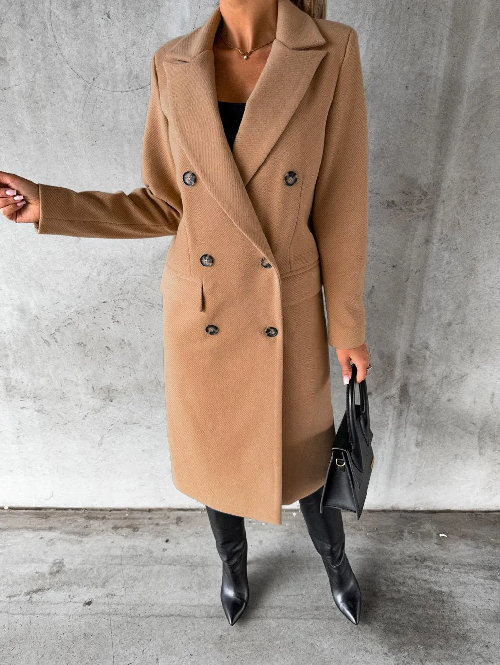 Women's Coats Solid Long Sleeve Double Breasted Pocket Woolen Coat