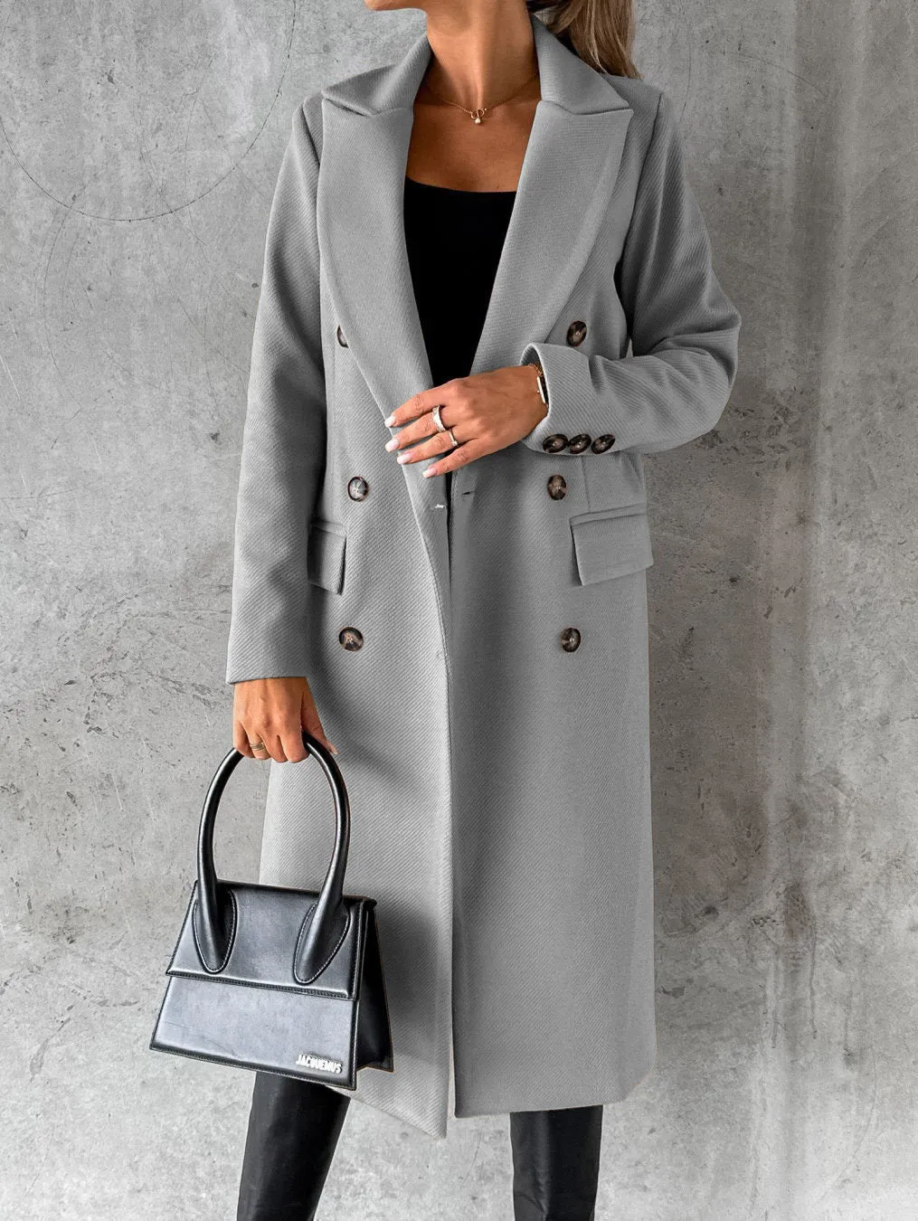Women's Coats Solid Long Sleeve Double Breasted Pocket Woolen Coat