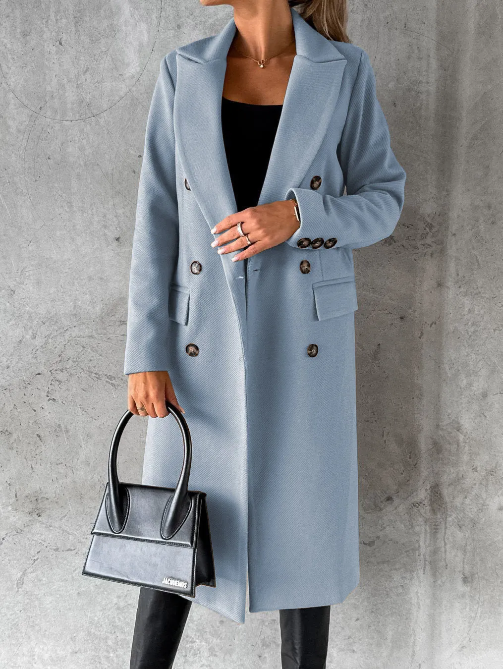Women's Coats Solid Long Sleeve Double Breasted Pocket Woolen Coat