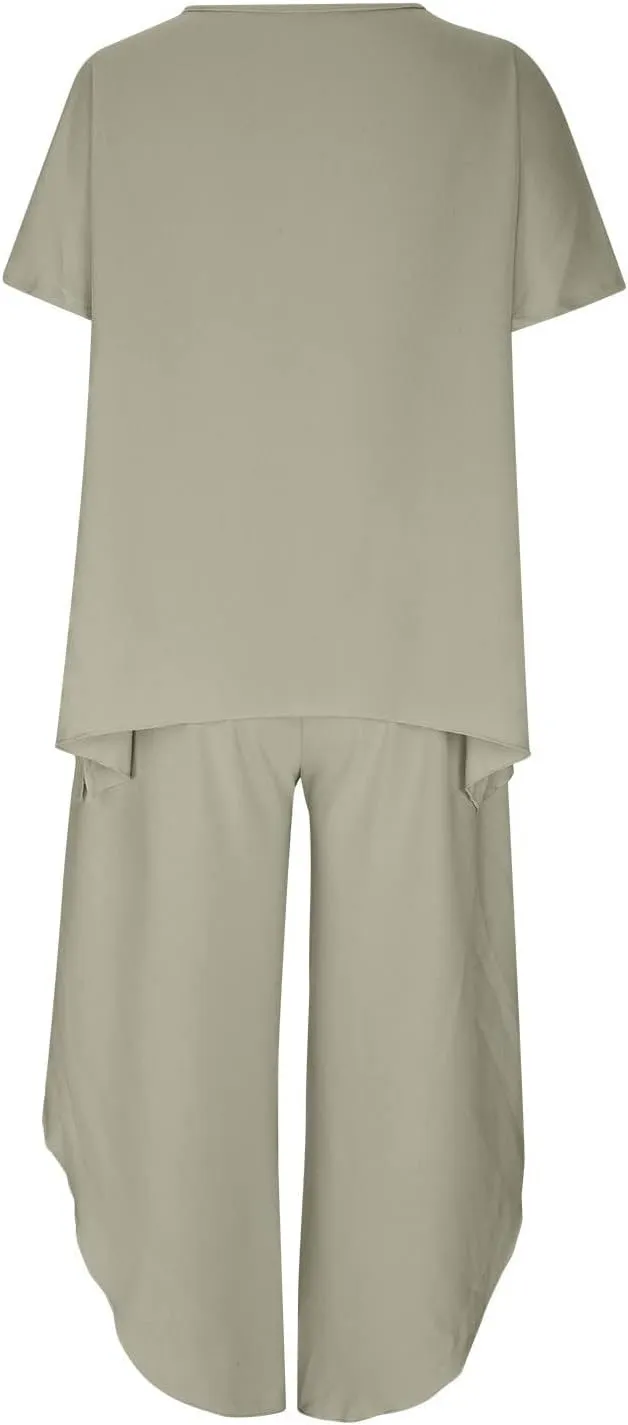 Womens Cotton Linen 2 Piece Sets Short Sleeve Loose High Low T Shirt Wide Leg Capri Pants Suit