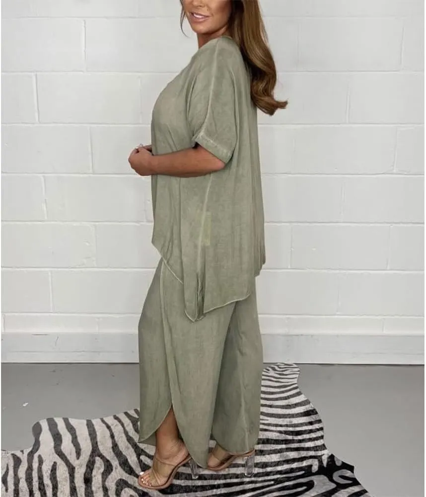 Womens Cotton Linen 2 Piece Sets Short Sleeve Loose High Low T Shirt Wide Leg Capri Pants Suit