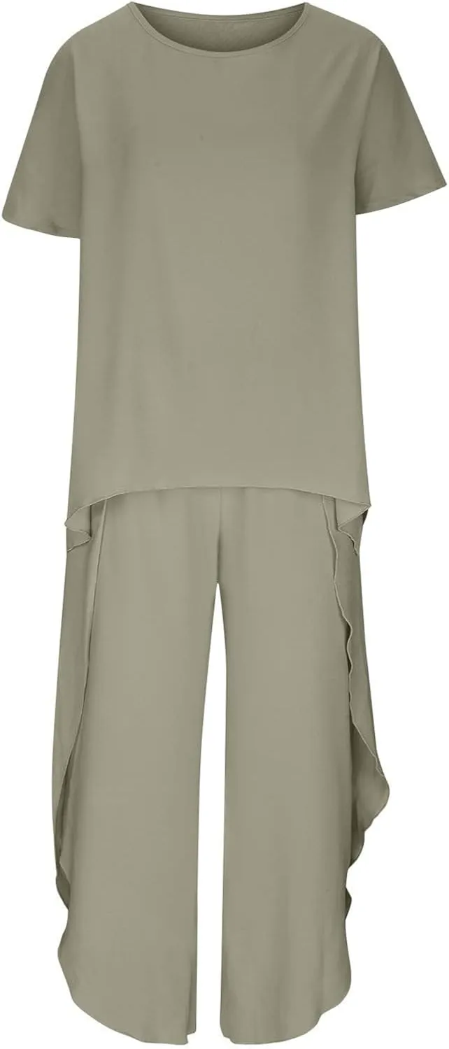 Womens Cotton Linen 2 Piece Sets Short Sleeve Loose High Low T Shirt Wide Leg Capri Pants Suit