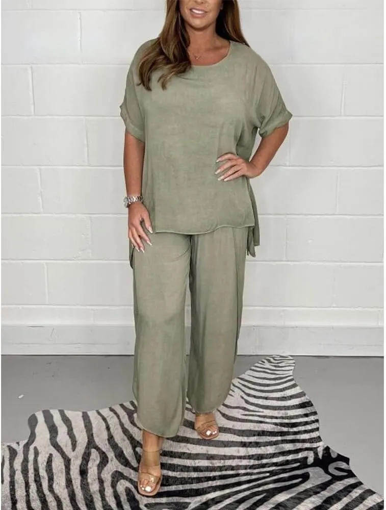 Womens Cotton Linen 2 Piece Sets Short Sleeve Loose High Low T Shirt Wide Leg Capri Pants Suit