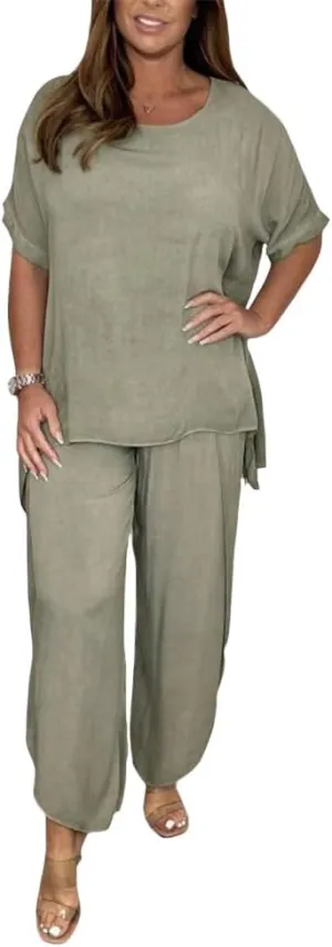 Womens Cotton Linen 2 Piece Sets Short Sleeve Loose High Low T Shirt Wide Leg Capri Pants Suit
