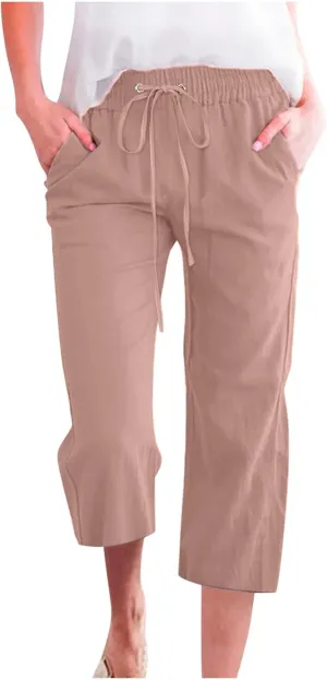 Womens Cotton Linen Capri Pants Casual Summer 2025 Waist Drawstring Straight Wide Leg Cropped Trousers with Pockets Capris for Women Rose Gold