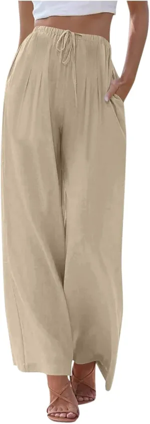 Womens Cotton Linen Palazzo Pants Drawstring Elastic High Waist Casual Wide Leg Trousers Summer Bech Slacks