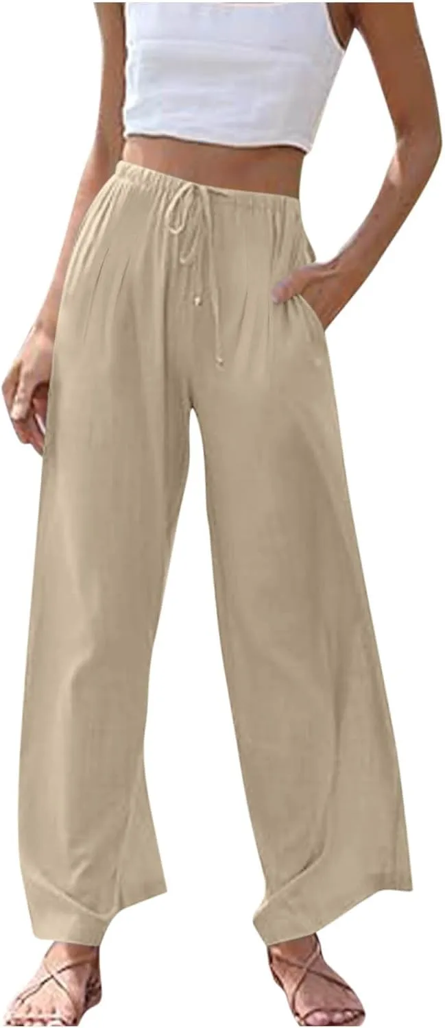 Womens Cotton Linen Palazzo Pants Drawstring Elastic High Waist Casual Wide Leg Trousers Summer Bech Slacks