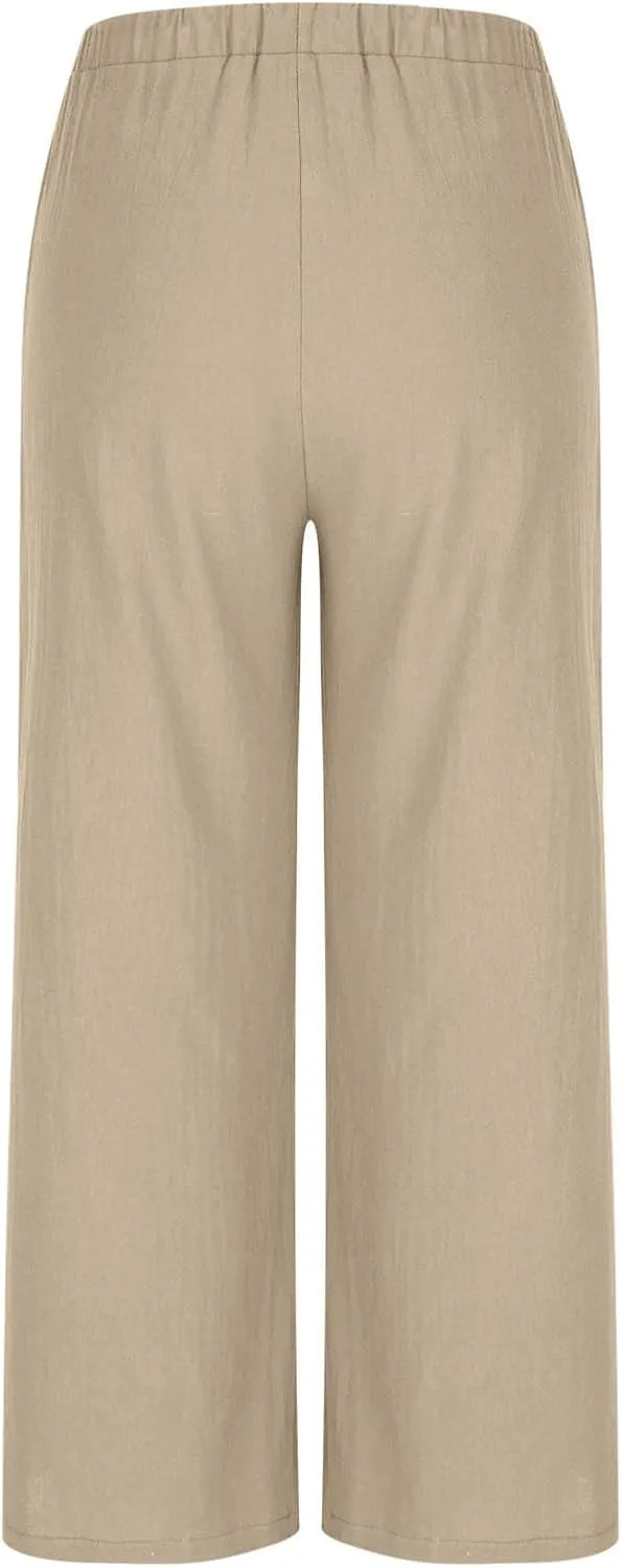 Womens Cotton Linen Palazzo Pants Drawstring Elastic High Waist Casual Wide Leg Trousers Summer Bech Slacks