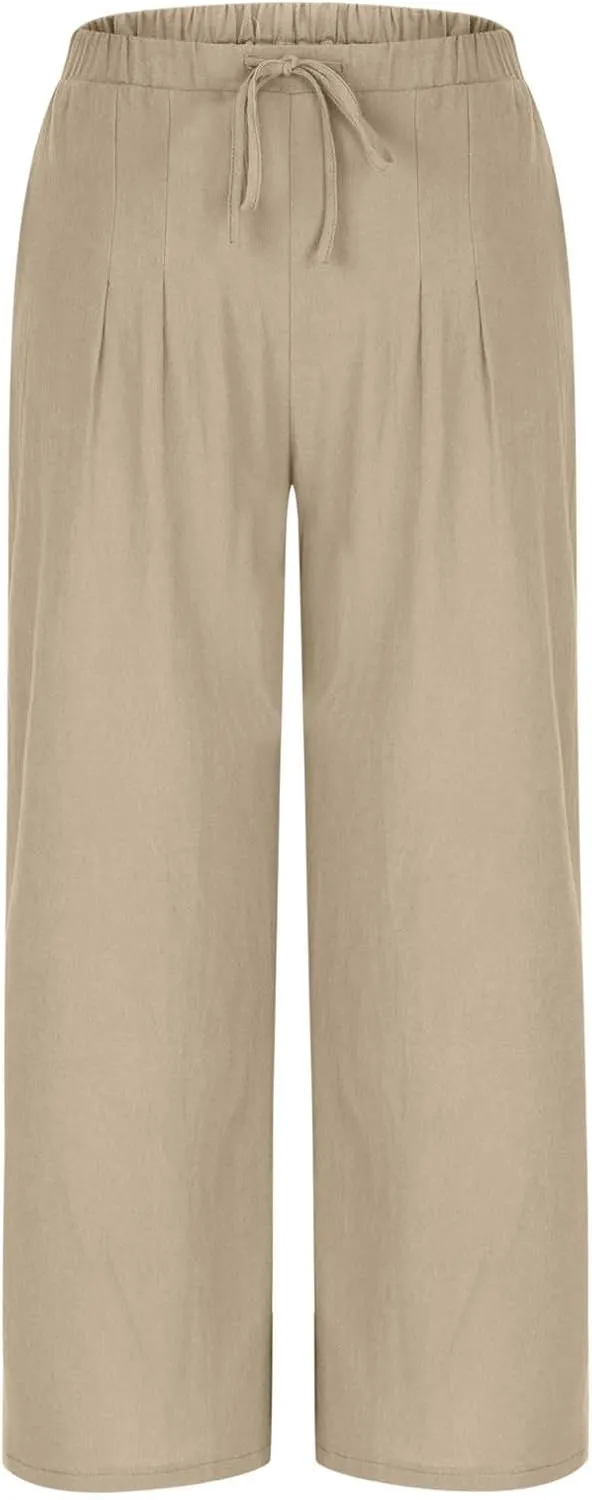 Womens Cotton Linen Palazzo Pants Drawstring Elastic High Waist Casual Wide Leg Trousers Summer Bech Slacks