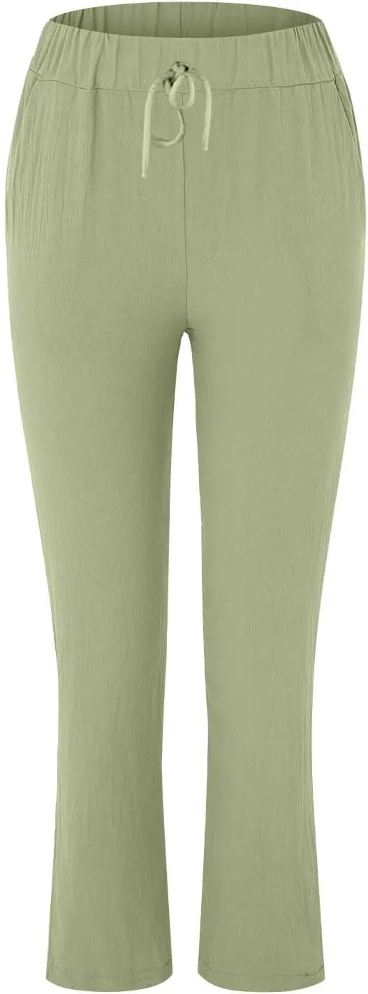 Womens Cotton Linen Pants Drawstring Elastic Waist Loose 2025 Summer Pants Lightweight Casual Comfy Long Trousers