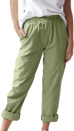 Womens Cotton Linen Pants Drawstring Elastic Waist Loose 2025 Summer Pants Lightweight Casual Comfy Long Trousers