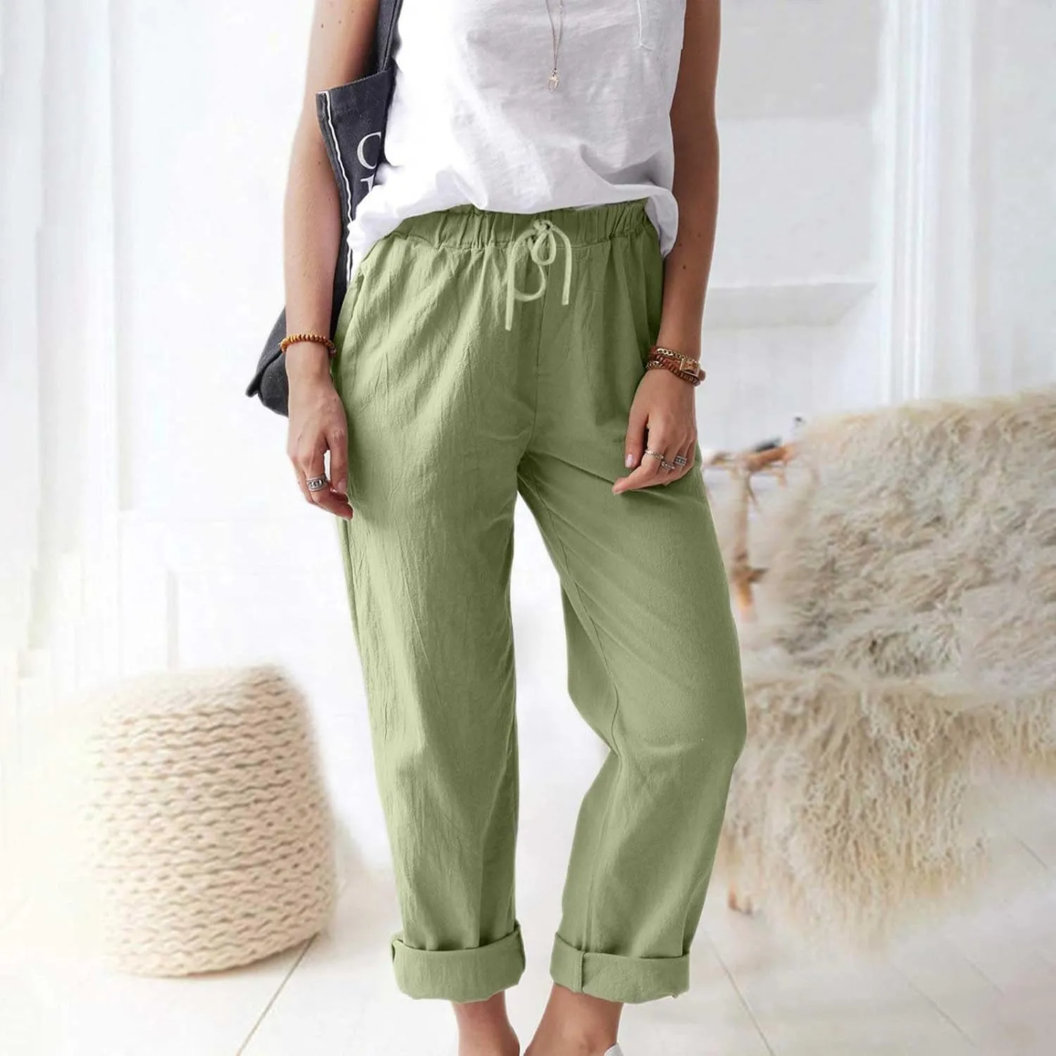 Womens Cotton Linen Pants Drawstring Elastic Waist Loose 2025 Summer Pants Lightweight Casual Comfy Long Trousers