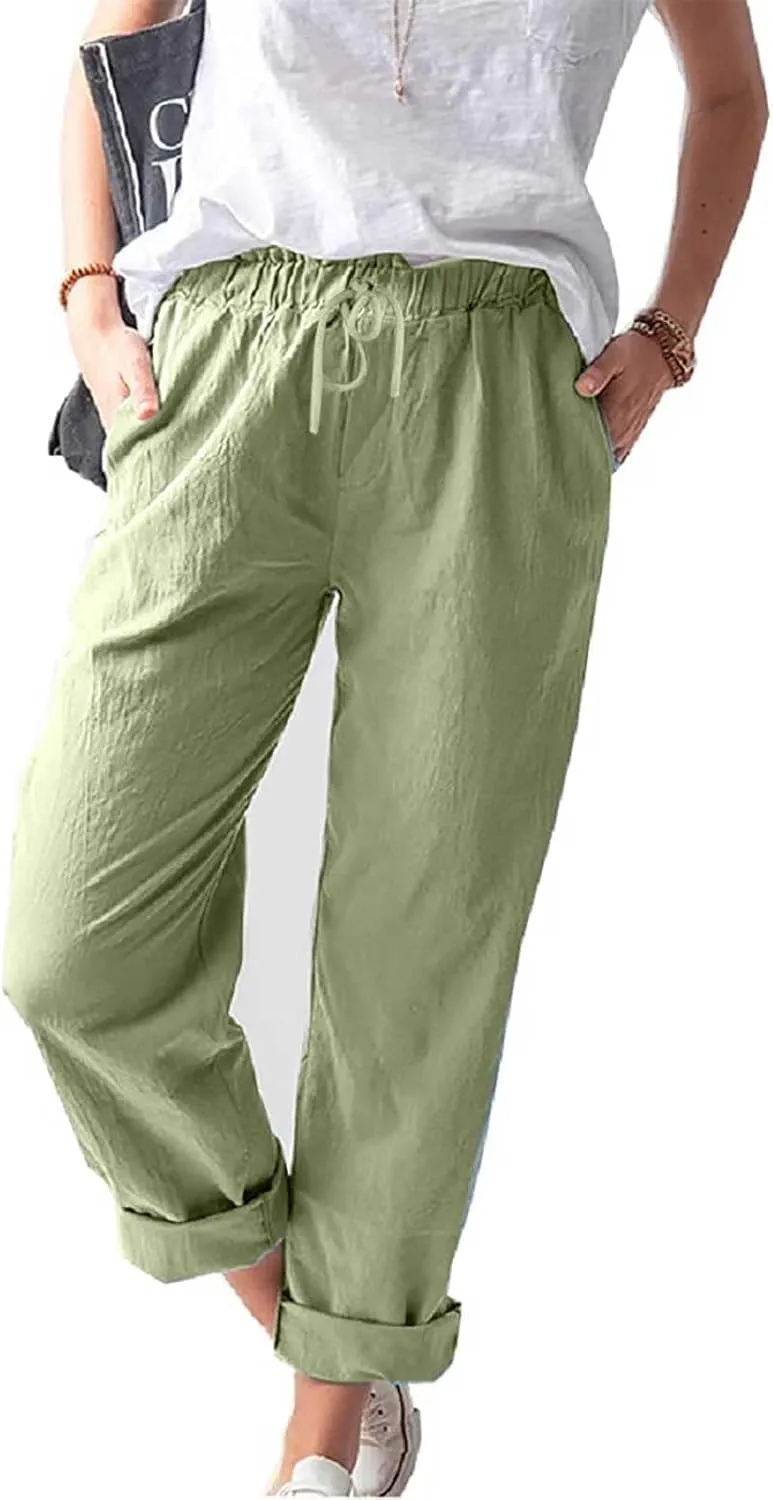 Womens Cotton Linen Pants Drawstring Elastic Waist Loose 2025 Summer Pants Lightweight Casual Comfy Long Trousers
