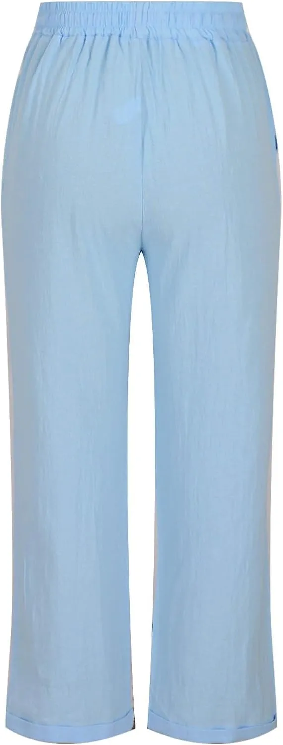 Women's Cotton Linen Pants Summer Straight Leg High Waisted Capri Pants Casual Drawstring Beach Trousers with Pockets