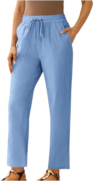 Women's Cotton Linen Pants Summer Straight Leg High Waisted Capri Pants Casual Drawstring Beach Trousers with Pockets