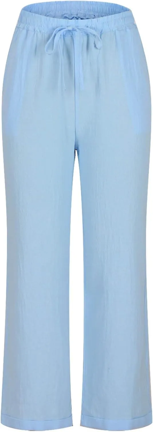 Women's Cotton Linen Pants Summer Straight Leg High Waisted Capri Pants Casual Drawstring Beach Trousers with Pockets