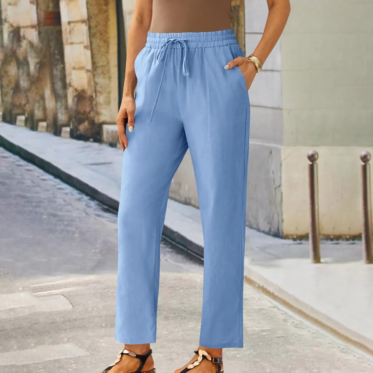 Women's Cotton Linen Pants Summer Straight Leg High Waisted Capri Pants Casual Drawstring Beach Trousers with Pockets