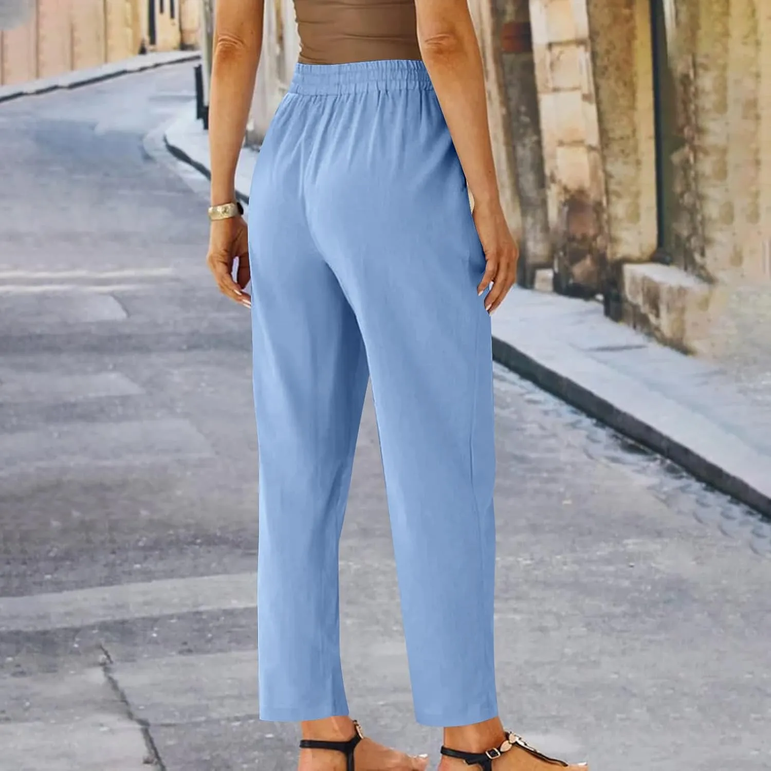 Women's Cotton Linen Pants Summer Straight Leg High Waisted Capri Pants Casual Drawstring Beach Trousers with Pockets