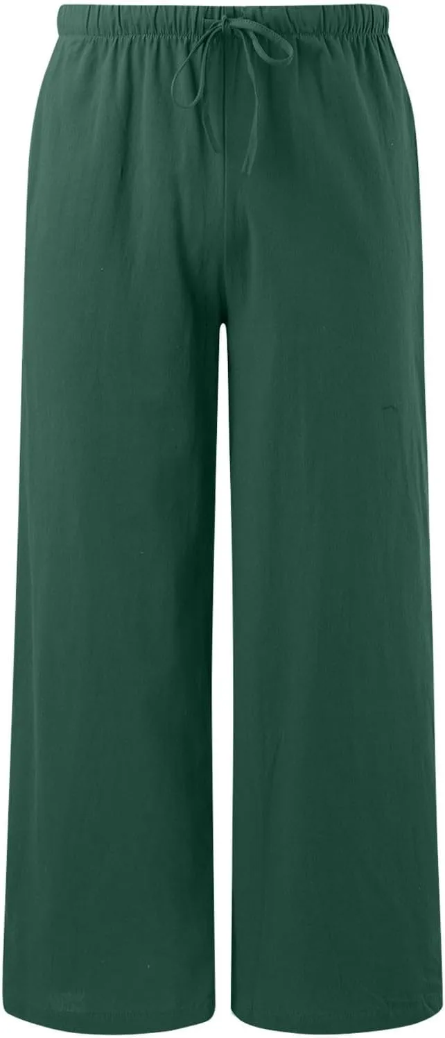 Women's Cotton Linen Summer Palazzo Pants Flowy Wide Leg Linen Pants Vacation Beach Trousers with Pockets