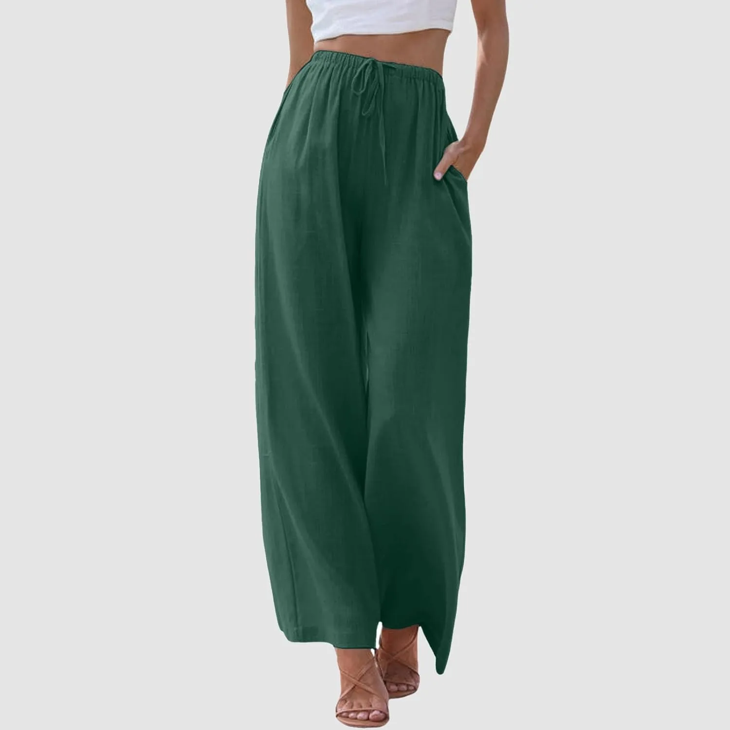 Women's Cotton Linen Summer Palazzo Pants Flowy Wide Leg Linen Pants Vacation Beach Trousers with Pockets