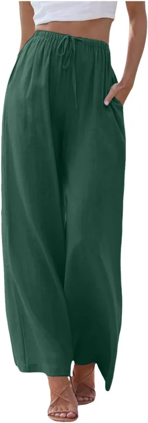 Women's Cotton Linen Summer Palazzo Pants Flowy Wide Leg Linen Pants Vacation Beach Trousers with Pockets