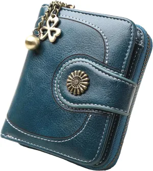 Women's Credit Card Holder Chain Wallet,Small Leather Trifold Coin Purses Wallet,Luxury Waxed,Green