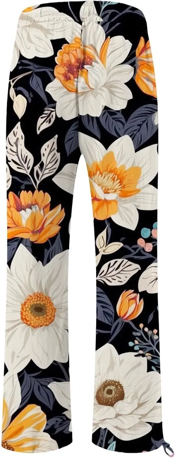 Womens Cropped Pants Boho Wide Leg High Waisted Palazzo Pockets Pants Summer Retro Flowy Beach Lounge Casual Trousers
