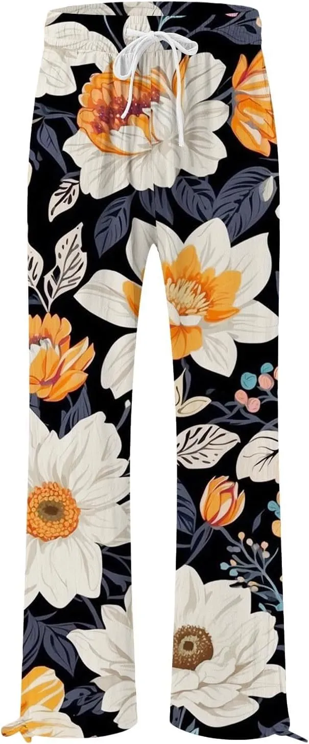 Womens Cropped Pants Boho Wide Leg High Waisted Palazzo Pockets Pants Summer Retro Flowy Beach Lounge Casual Trousers